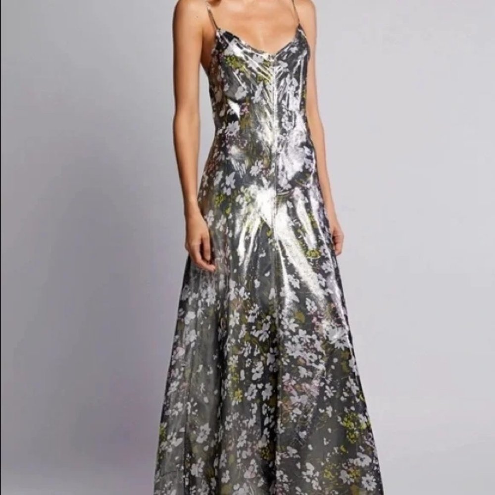 Ganni dazzle metallic silver silk floral prints sleeveless dress size new 36